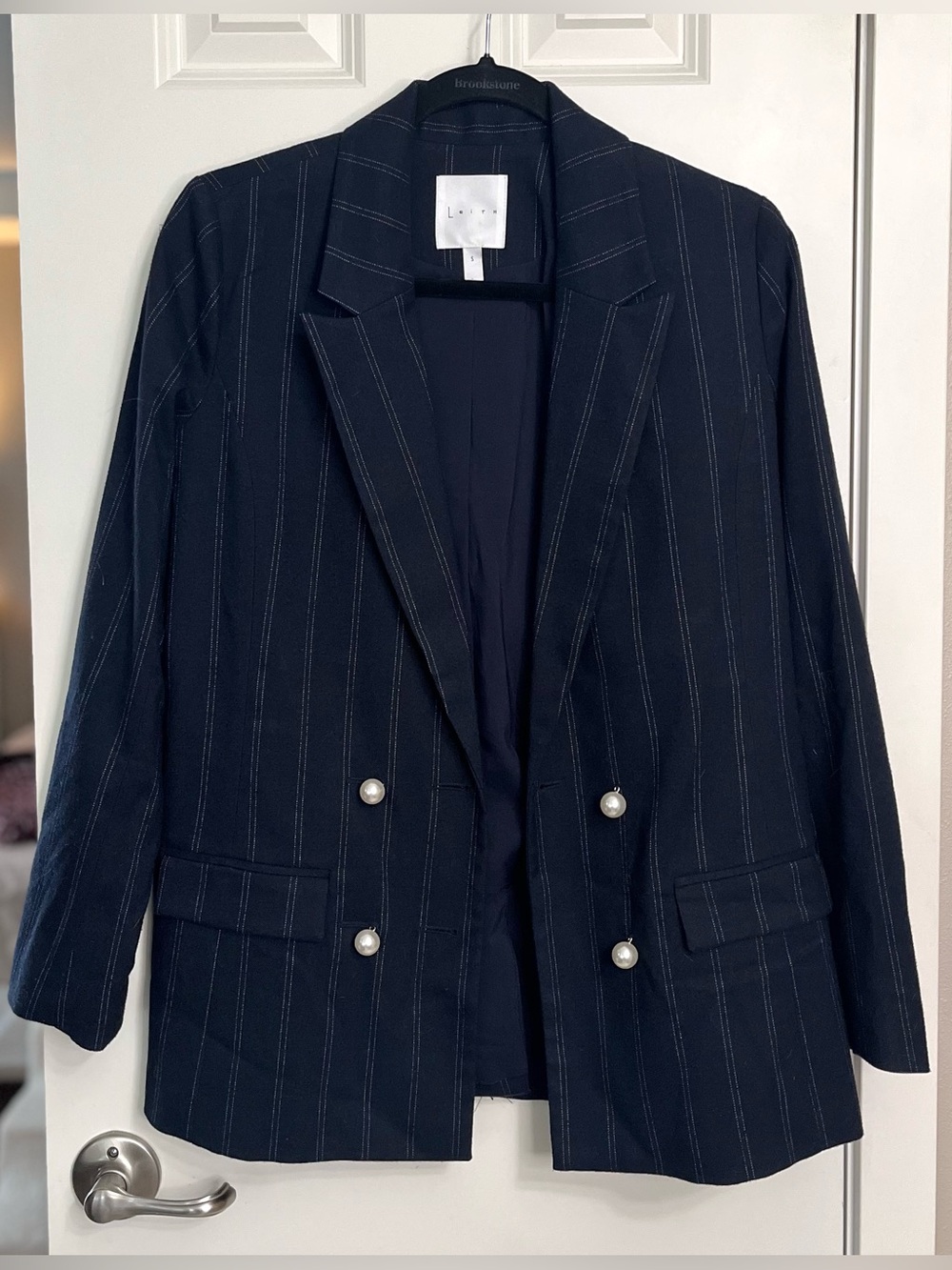 Leith Pinstripe Double-Breasted Boyfriend Blazer with Pearl Buttons